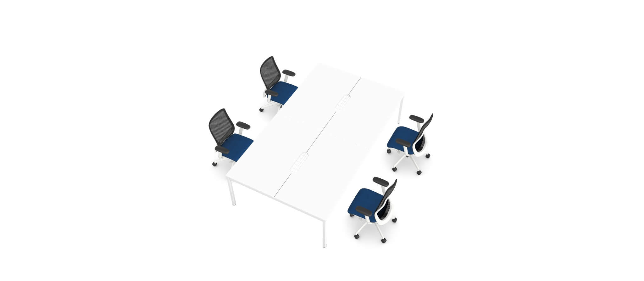 4 Person White Bench Desk Bundle With 4 N-Form Chairs