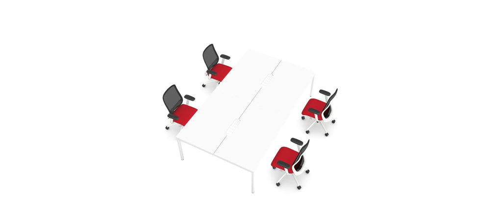 4 Person White Bench Desk Bundle With 4 N-Form Chairs
