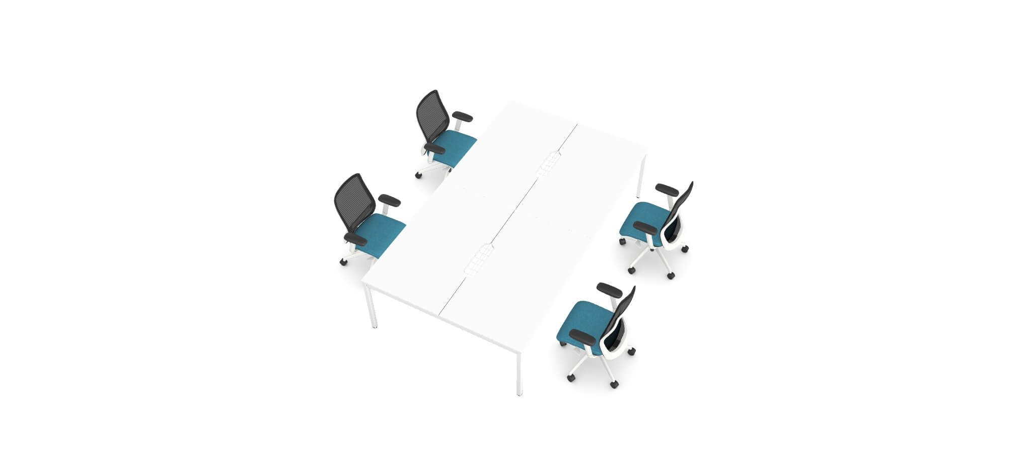 4 Person White Bench Desk Bundle With 4 N-Form Chairs