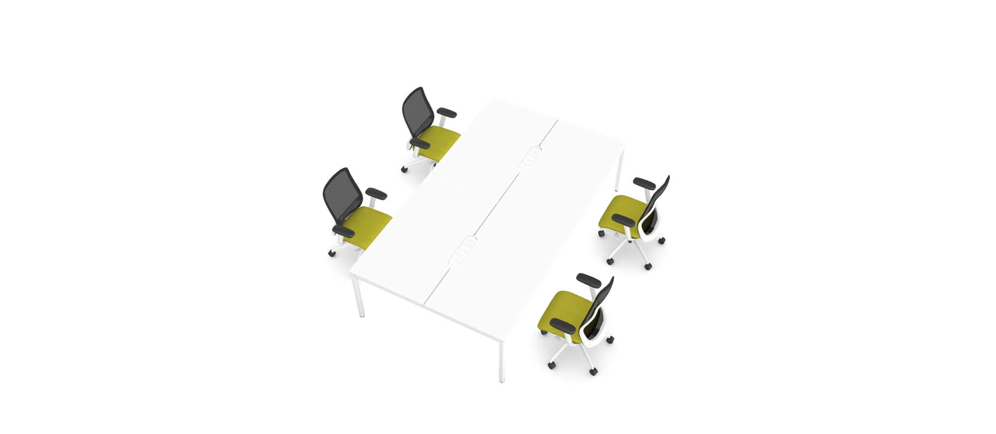 4 Person White Bench Desk Bundle With 4 N-Form Chairs