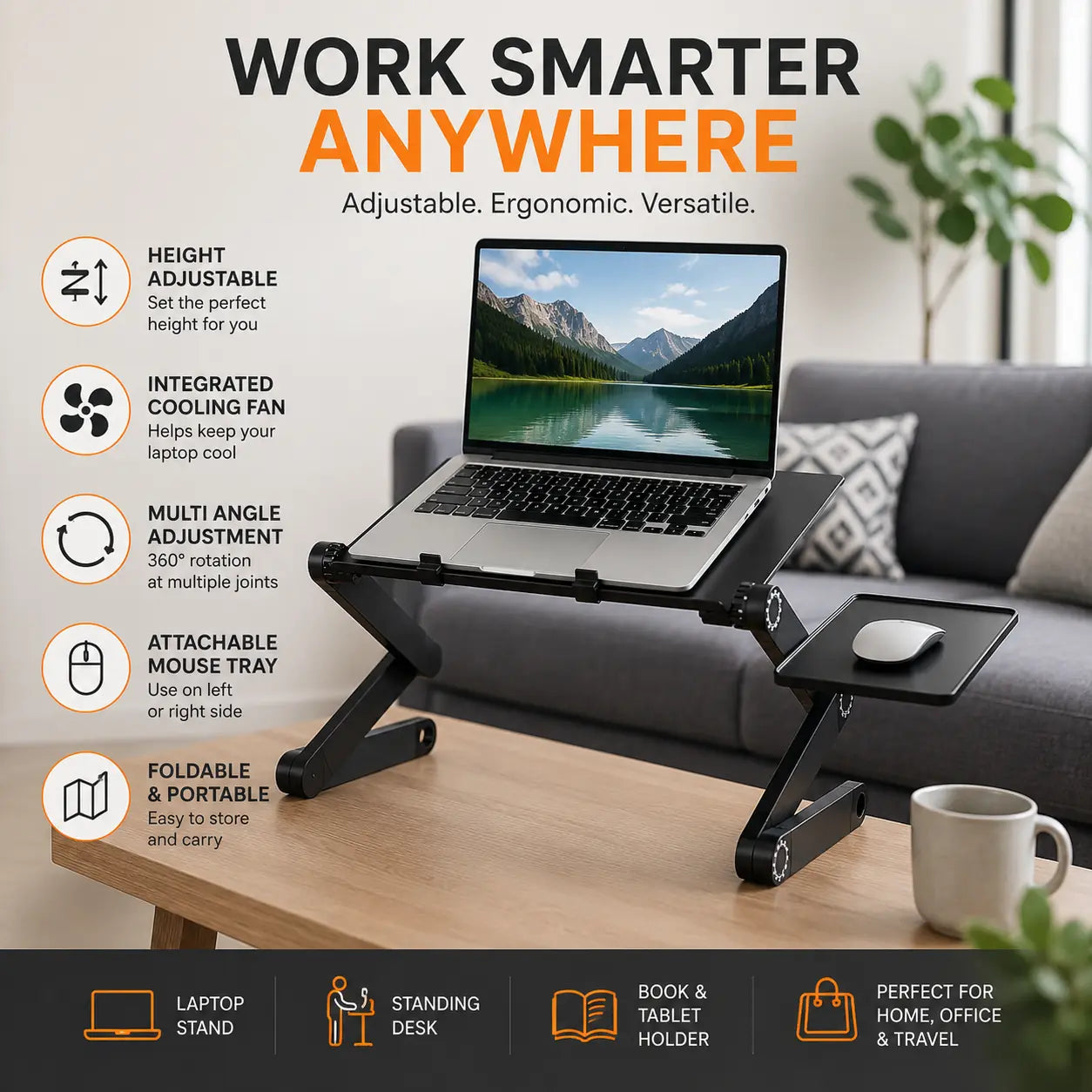 Ergonomic Adjustable Laptop Standing Desk with Cooling Fan