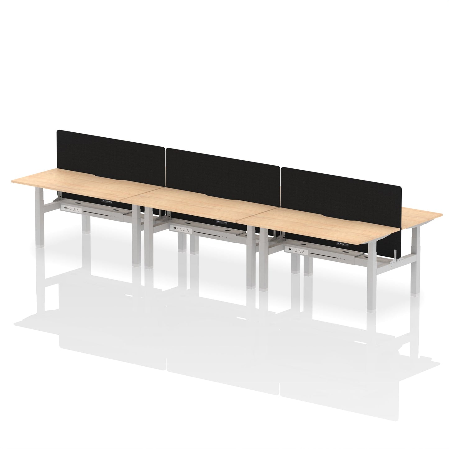 Air Back-to-Back Scalloped Edge Height Adjustable Bench Desk - 6 Person with Black Straight Screen - Ergometric