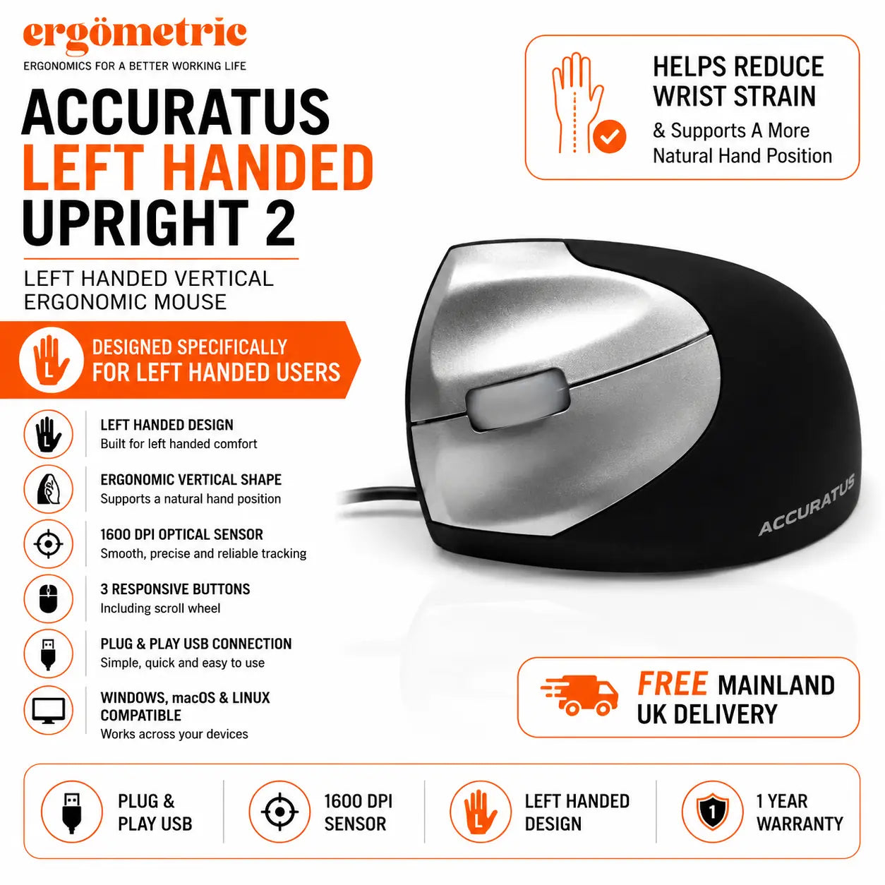 Accuratus Left Handed Upright Mouse 2 Vertical Ergonomic Mouse