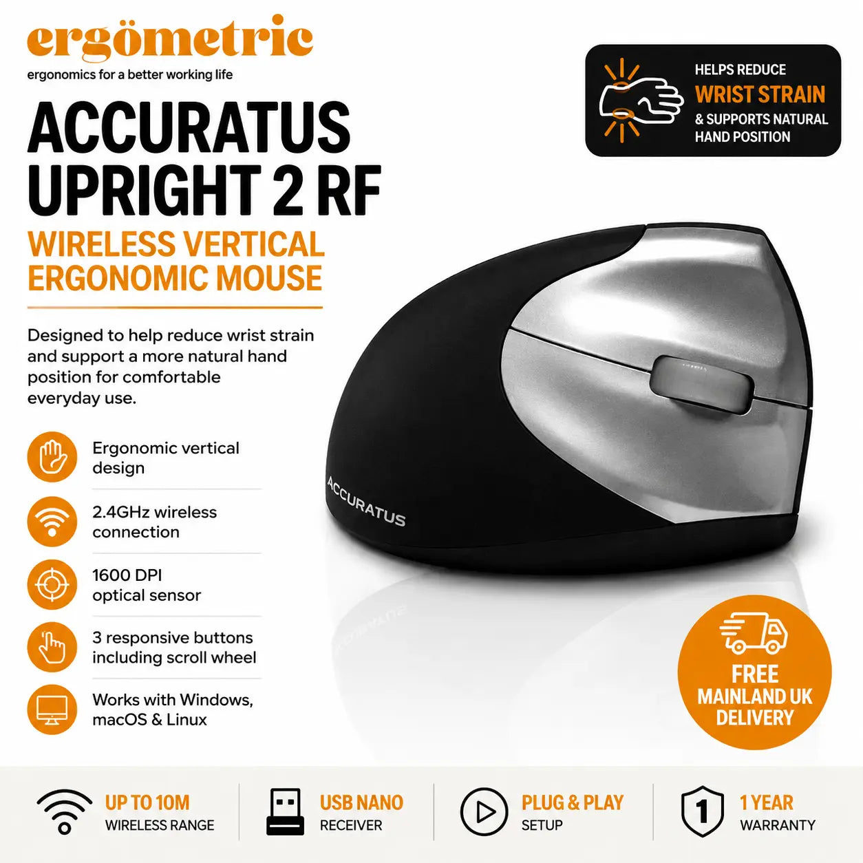 Accuratus Upright 2 RF Wireless Vertical Ergonomic Mouse