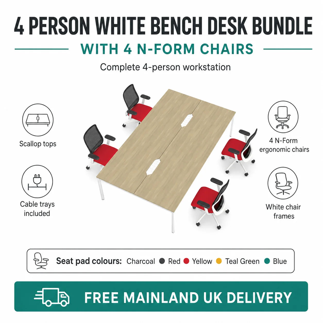 4 Person White Bench Desk Bundle With 4 N-Form Chairs