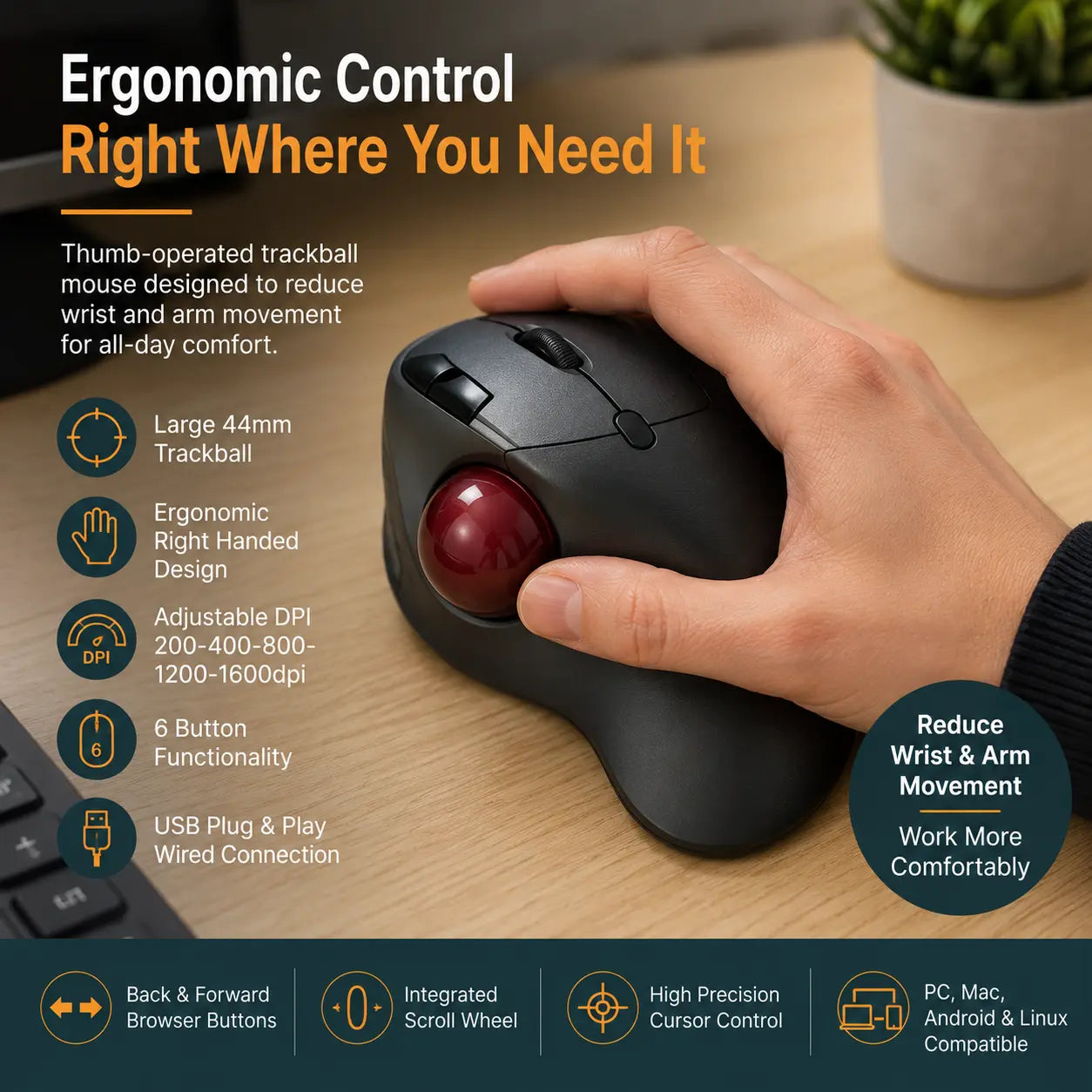 Ergonomic Thumb Trackball Mouse with Adjustable DPI