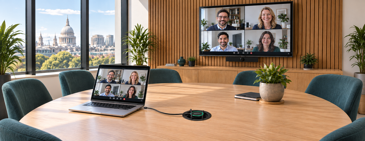 Panoramic meeting-room illustration showing recessed Biamp connection, connected laptop and video-call display.