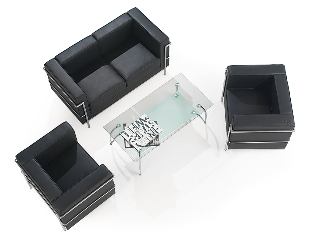 Cube reception seating arrangement in black with chrome detailing