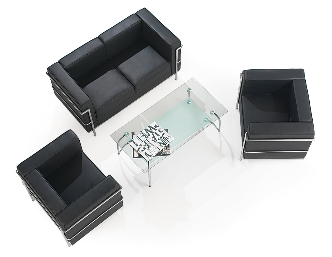 Cube reception seating arrangement in black with chrome detailing