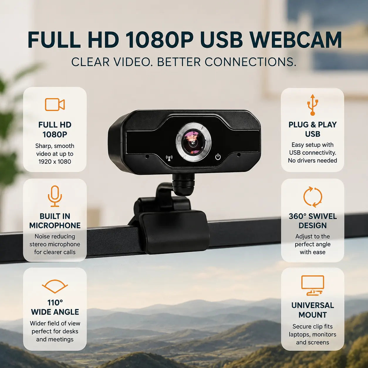Full HD 1080p USB Webcam with Noise Cancelling Microphone