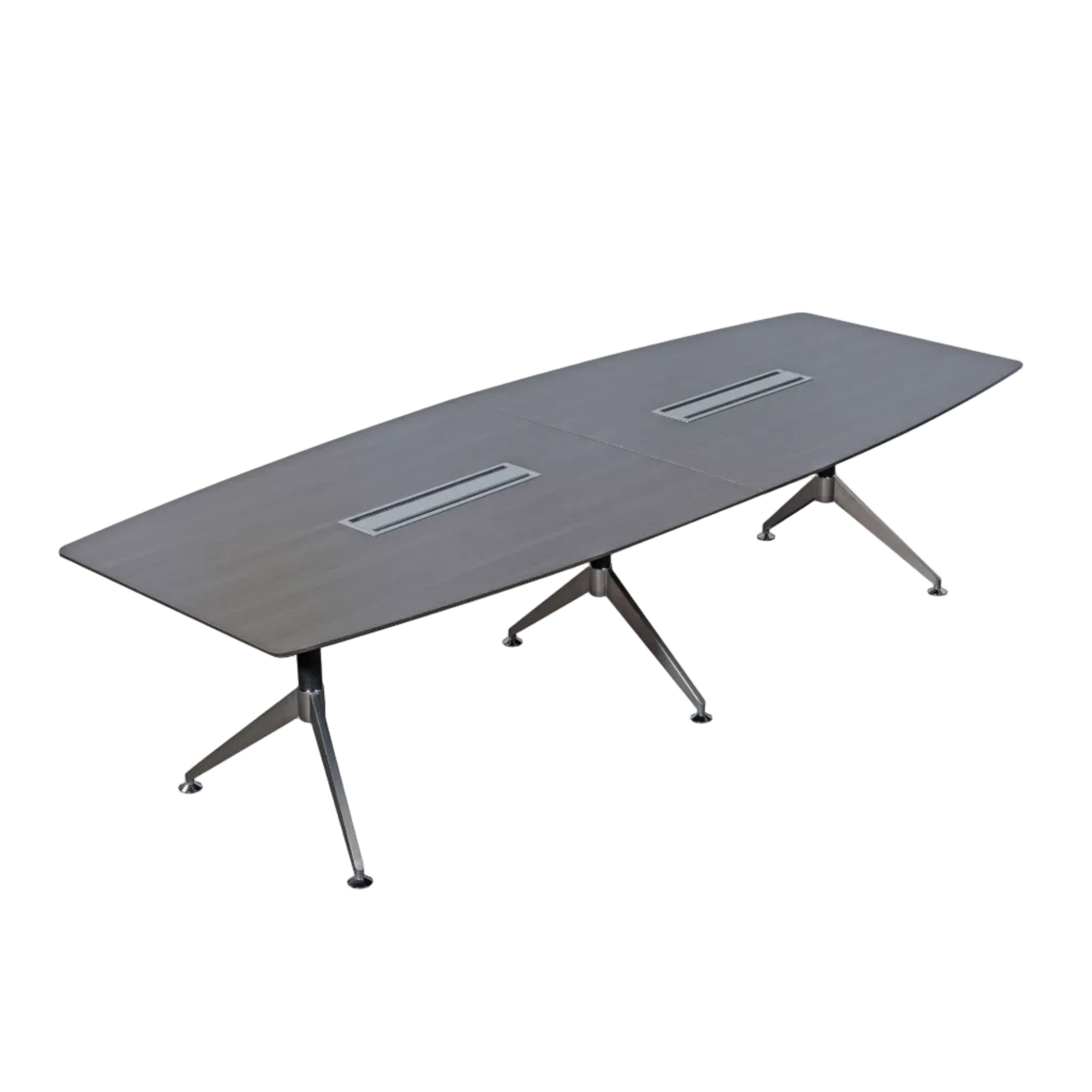 A modern conference table with a dark gray wood-grain top, featuring two built-in cable management slots and four angled metal legs with casters, shown on a plain white background.
