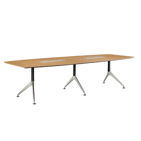 Long wooden conference table with metal legs on a white background